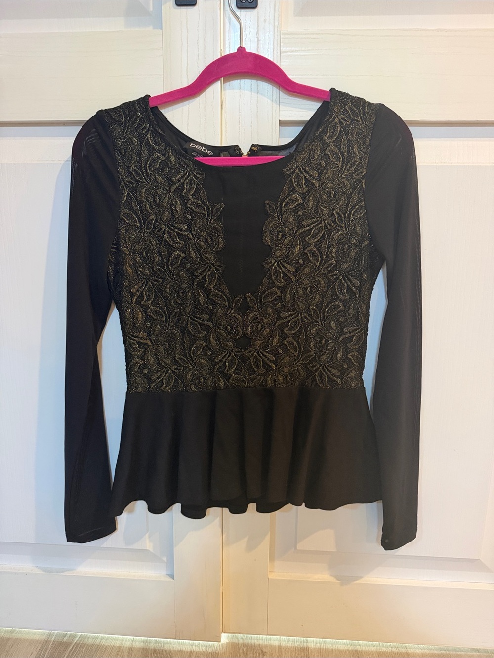 bebe Black Long-Sleeve Peplum Top with Gold/Copper Lace